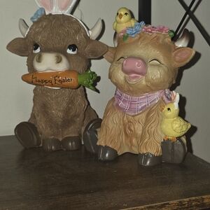 Easter Cow Figurines with Chicks and Flowers